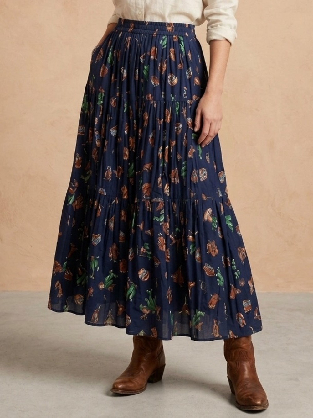 Liza Lynn Vintage 90s Western Novelty Print Maxi Broomstick Skirt in Navy Sz S
